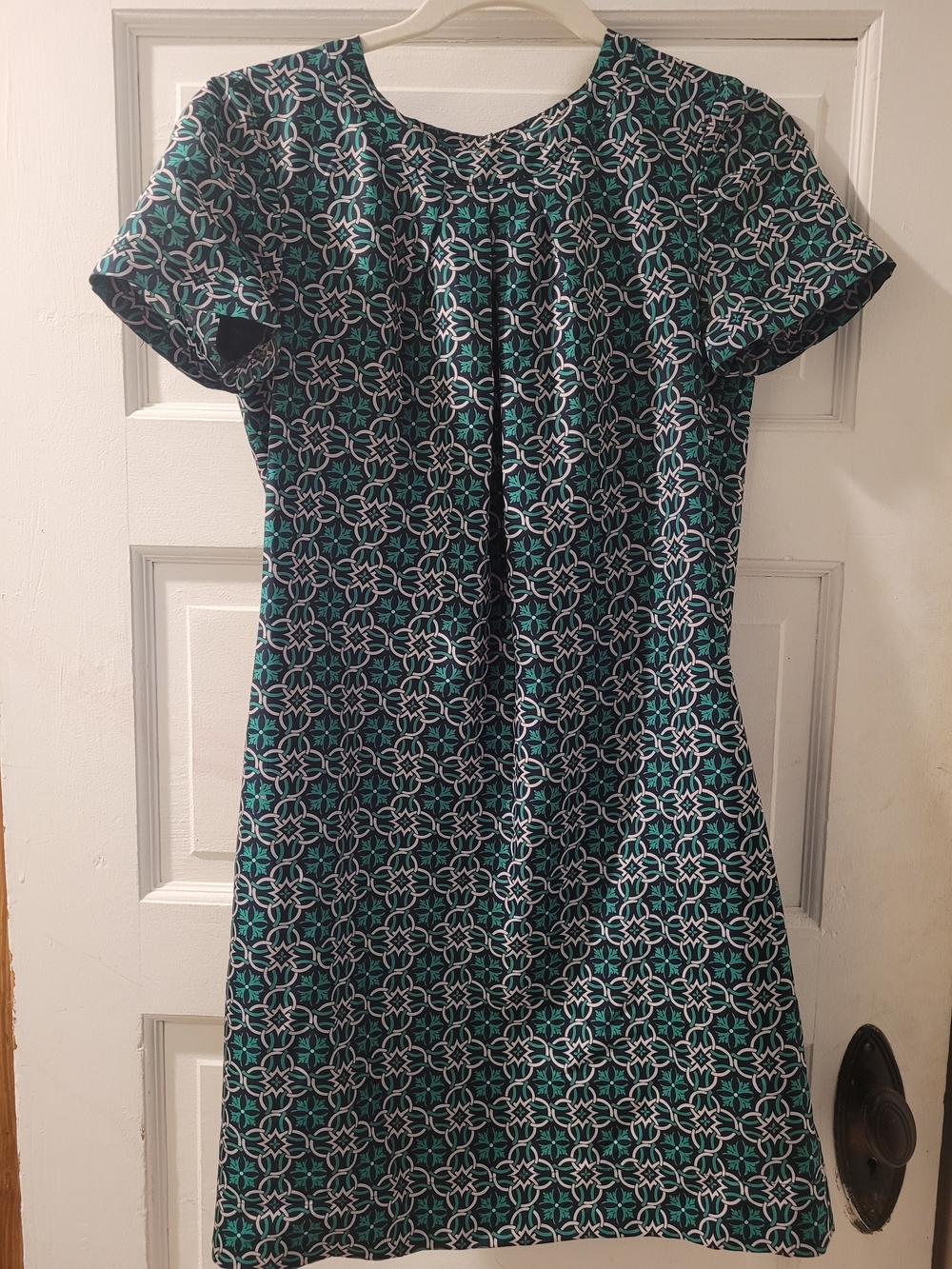 J. Crew Navy and Green Geometric Short-Sleeve Dress